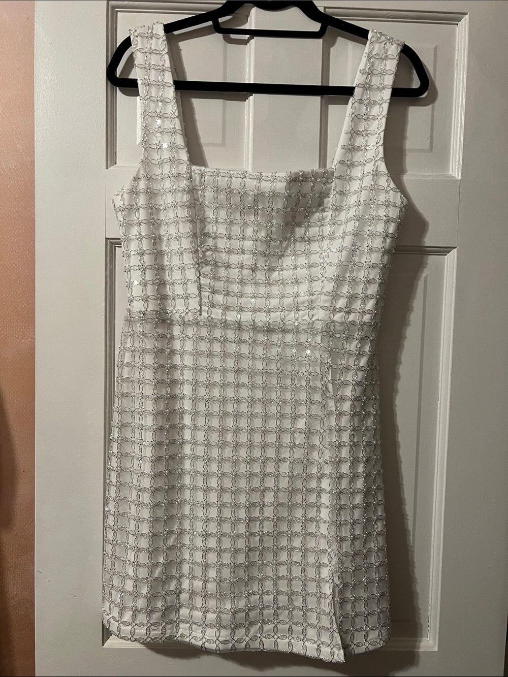 Altar'd State Mateo Fit Flare Mini White Beaded Square Neck Sheath Dress Medium - Picture 4 of 9